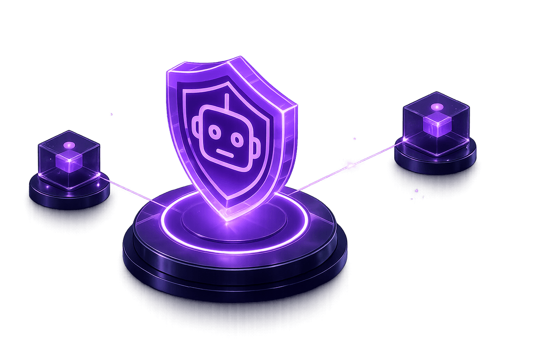 Glowing shield with robot face and chain cubes