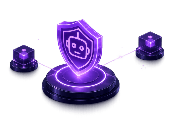 Glowing shield with robot face and chain cubes